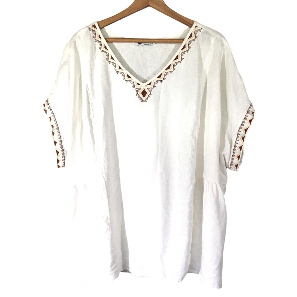 Sonoma Goods For Life Embroidered V-Neck Linen Blend Top 2X White‎